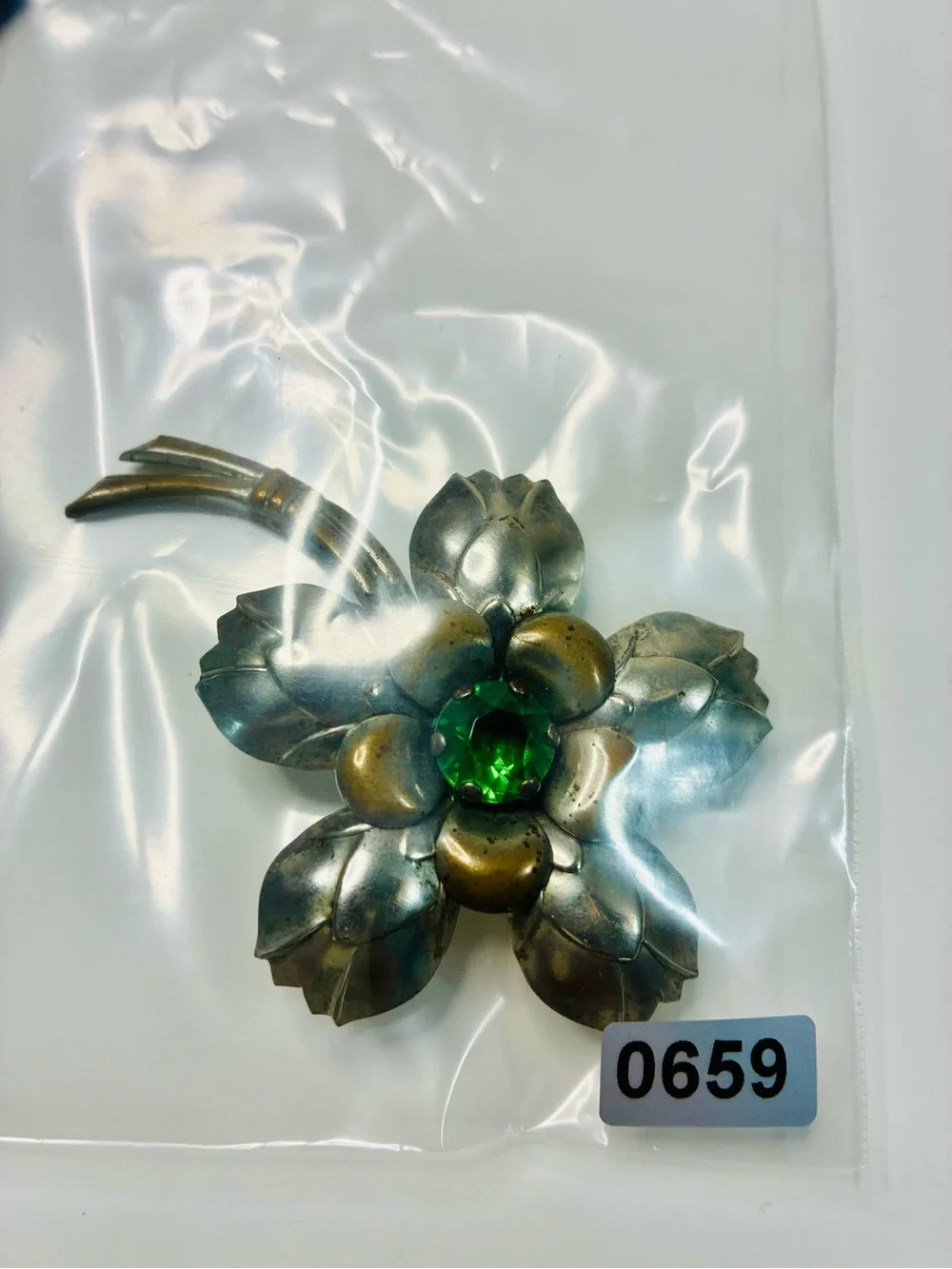 Vintage Estate Heirloom Flower Brooch with Green Glass Center